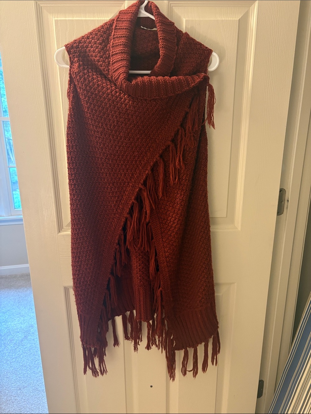 entro Rust Red Fringe Knit Sweater Poncho